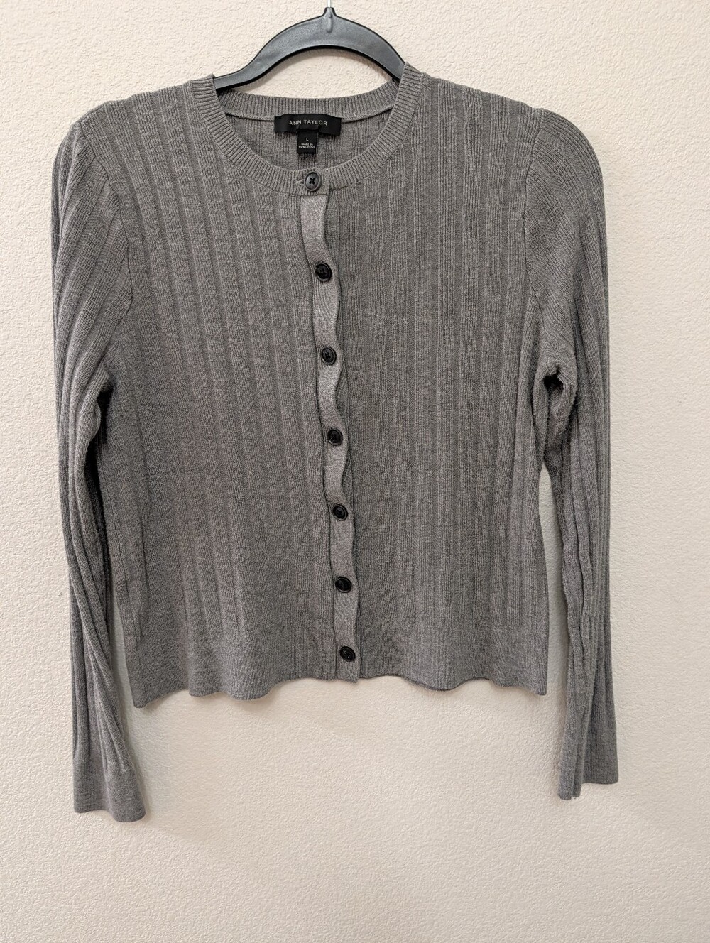 Ann Taylor Gray Ribbed Button-Front Cardigan Sweater Large